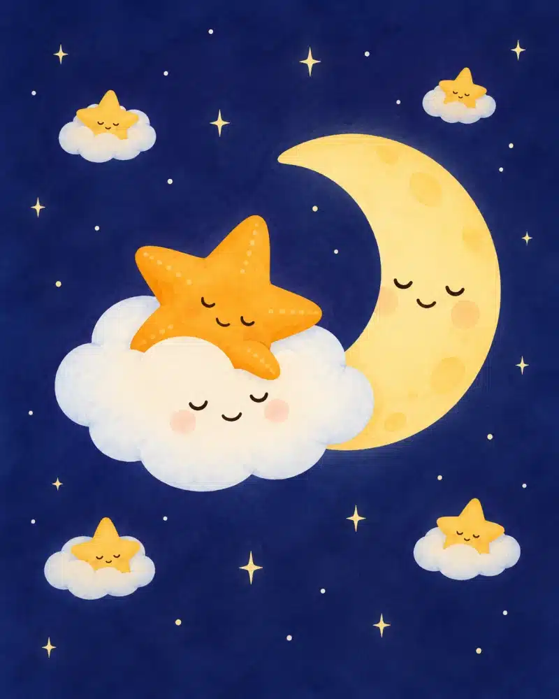 Brillita duerme en paz sobre Puf junto a la Luna creciente mientras las demás estrellitas descansan en sus nubes.