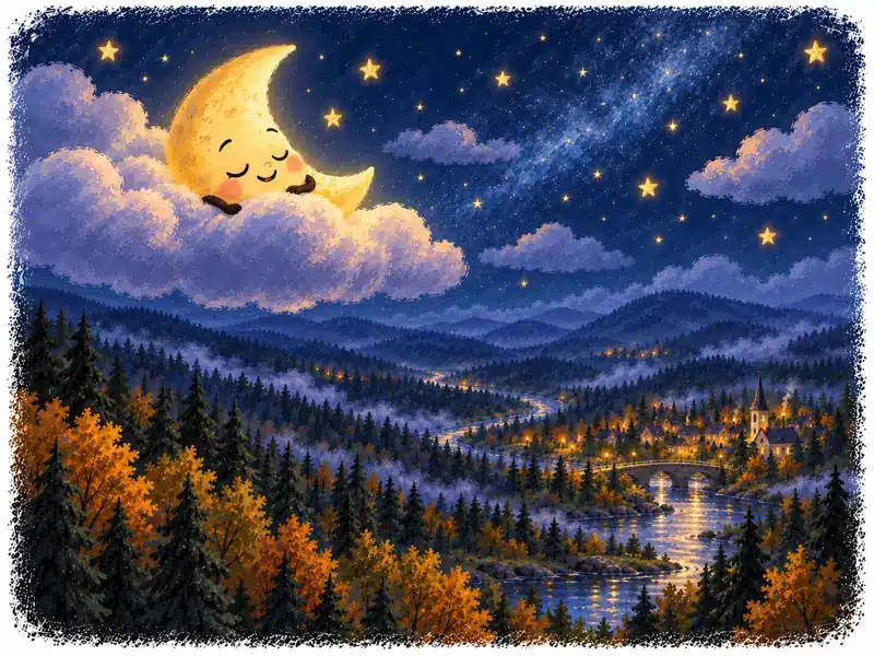 The sleeping Little Moon, wrapped in a soft cloud, watches over the quiet forest and silver stream.
