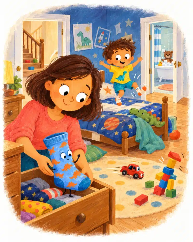 Ben salta sobre la cama mientras su madre guarda a Pisadita, el calcetín azul de dinosaurios, en un cajón abierto.