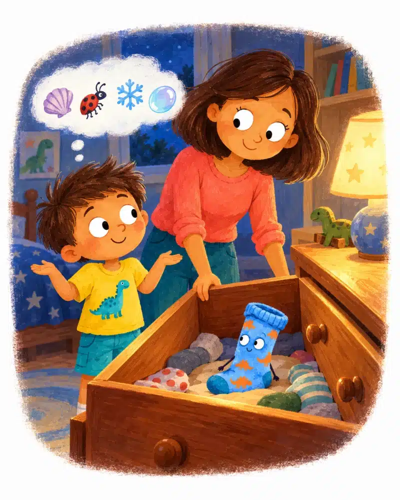Ben se encoge de hombros junto a su madre mientras Pisadita está sola en el cajón e imagina aventuras lejanas.