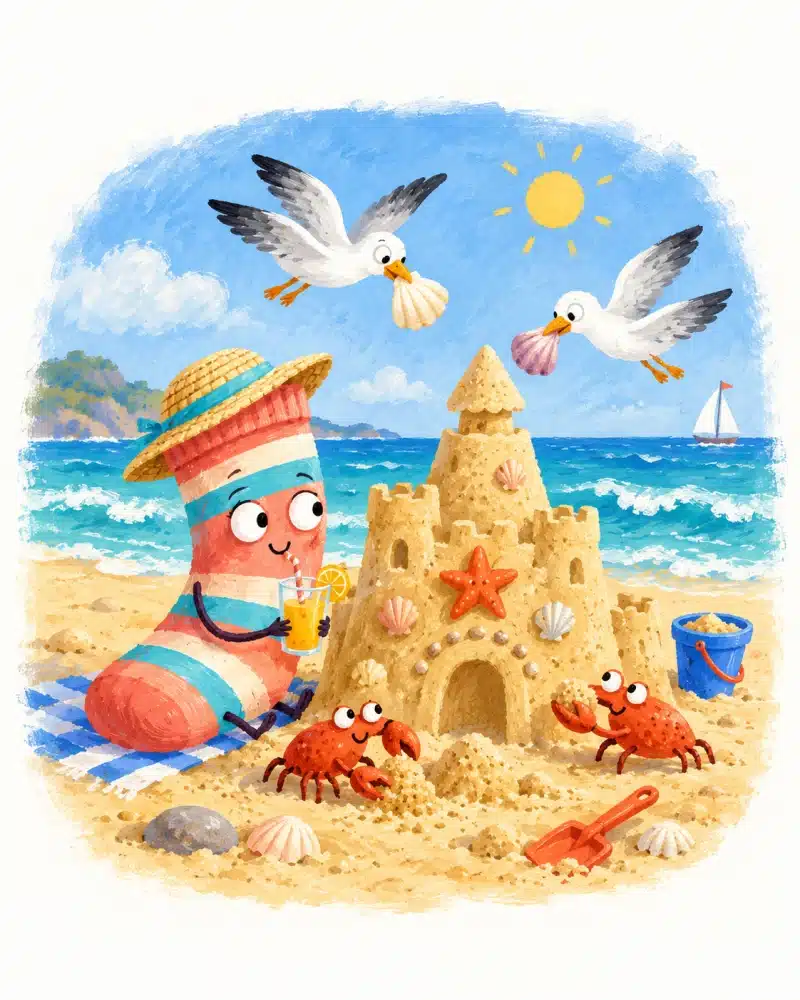 Rayitas construye un castillo de arena con los cangrejos mientras las gaviotas traen conchas en una playa soleada.