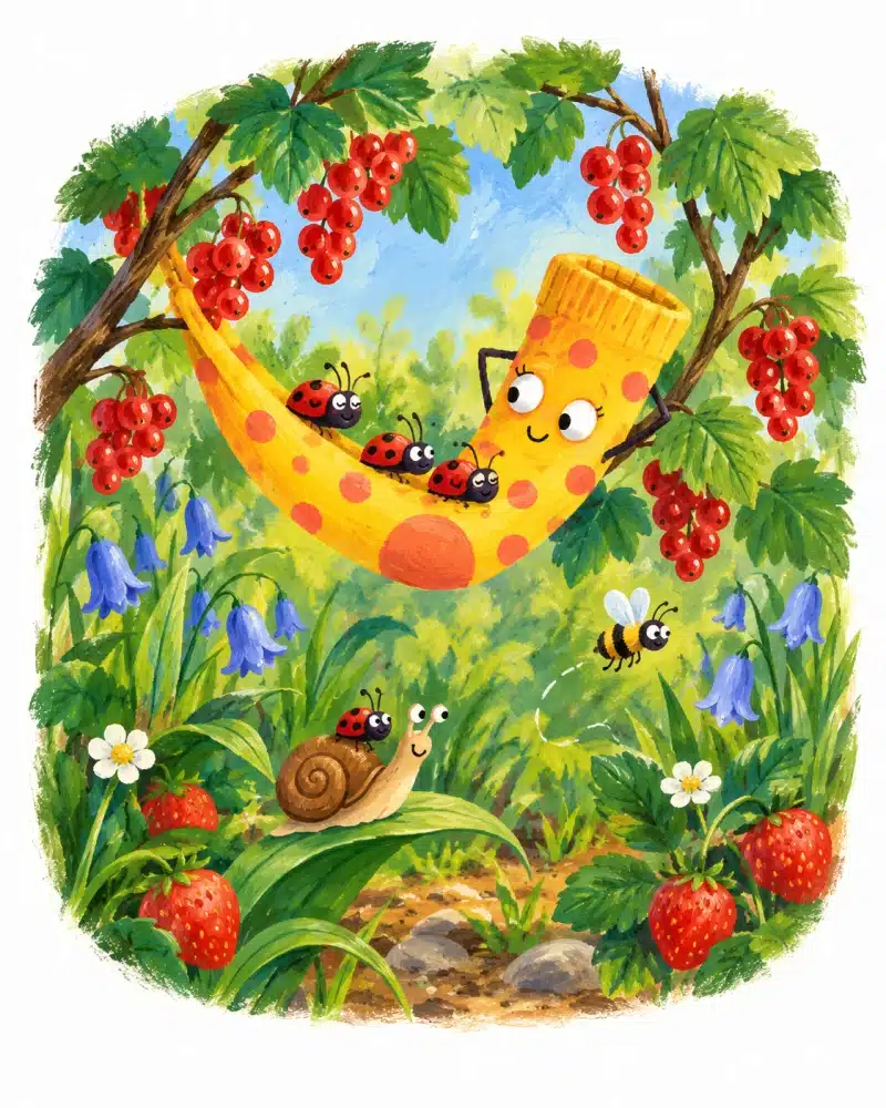 Pecas cuelga como una hamaca en un arbusto de grosellas mientras unas mariquitas, un caracol y una abeja juegan cerca.