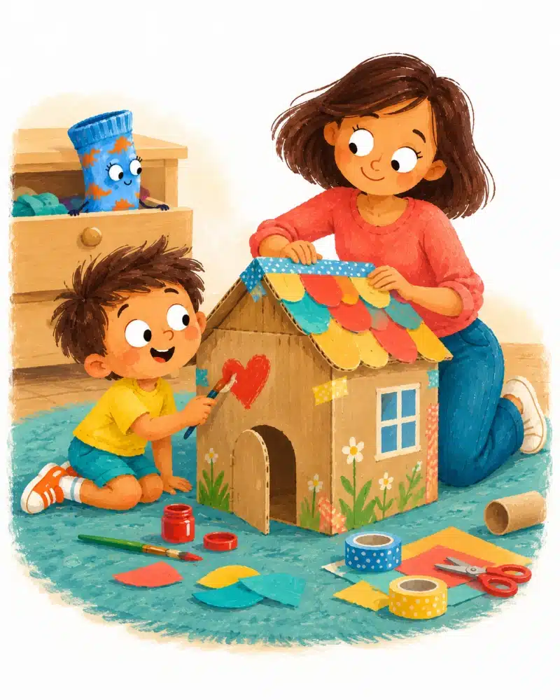 Ben y su madre construyen y decoran una casa de cartón para los calcetines mientras Pisadita observa.