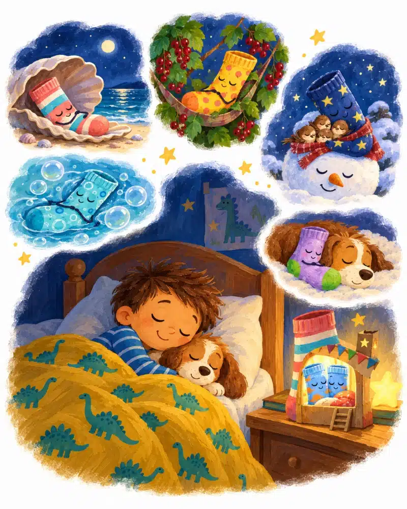 Ben duerme mientras Pisadita, Pisotón y todos los calcetines viajeros se acomodan para pasar la noche.