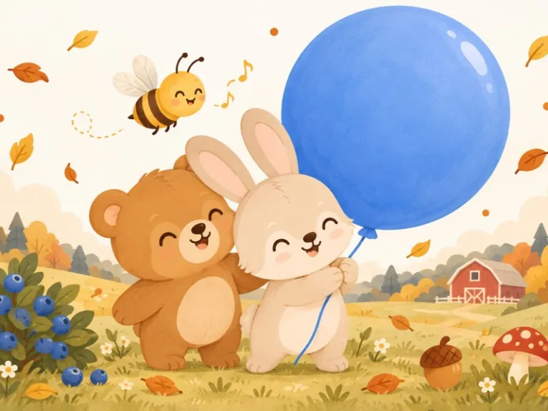 Benny Bunny hugs his enormous blue balloon while Bella Bear and Betty Bee celebrate beside him.