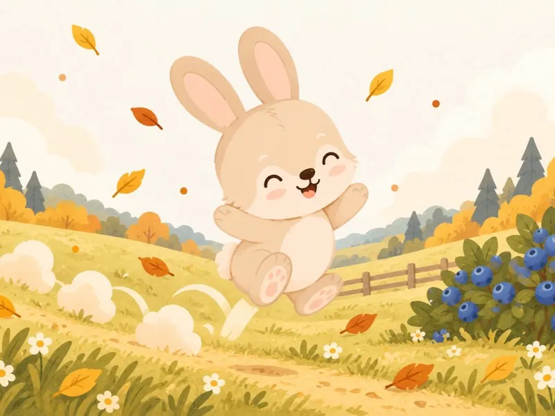 Benny Bunny bounces happily through a bright meadow toward a blueberry bush.