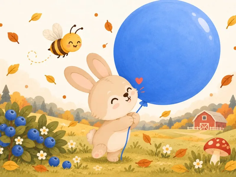 Benny Bunny discovers a huge blue balloon beside the blueberry bush and blows it a kiss.