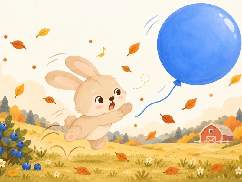 The big blue balloon bounces away as Benny Bunny reaches after it in surprise.