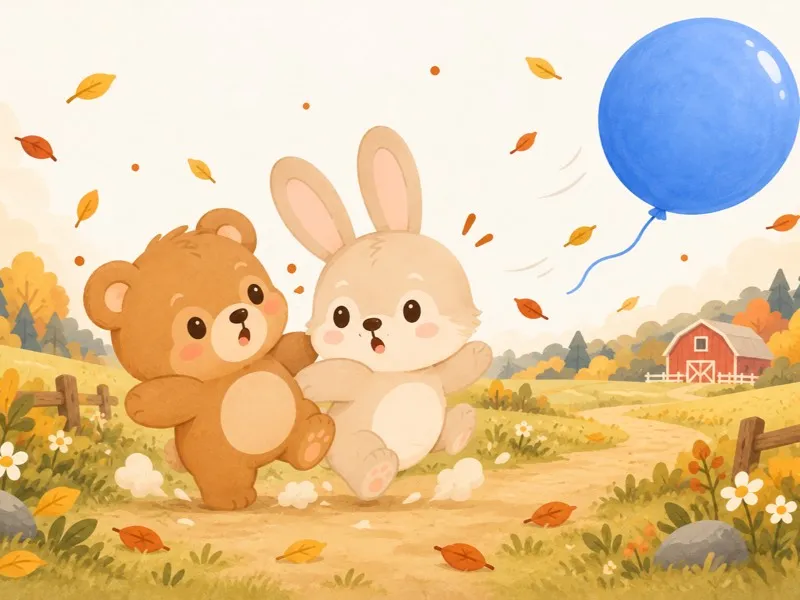 Benny Bunny gently bumps into Bella Bear while chasing the runaway blue balloon.