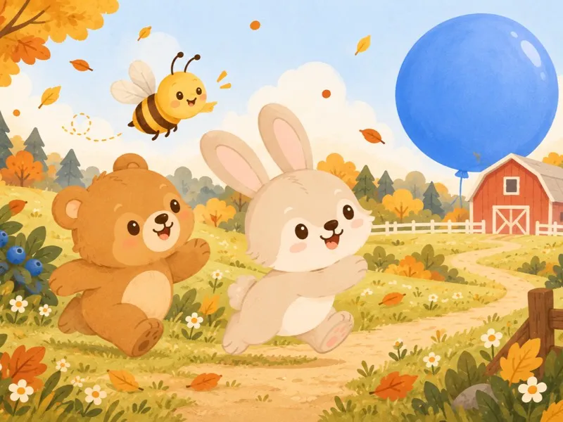 Betty Bee points toward the big blue balloon behind the barn while Benny and Bella hurry after it.