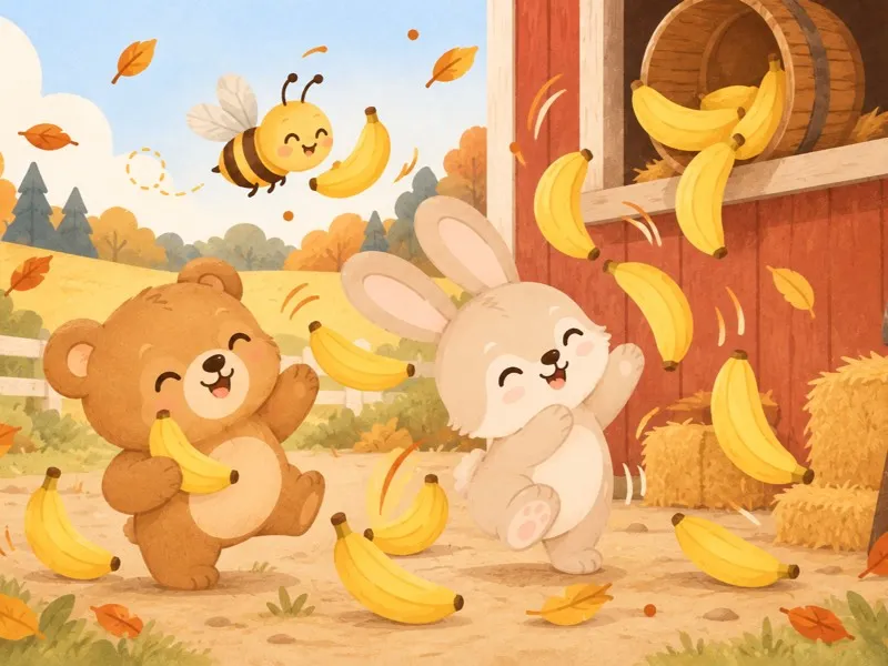 Bananas tumble around Benny Bunny, Bella Bear and Betty Bee as everyone bursts into giggles.