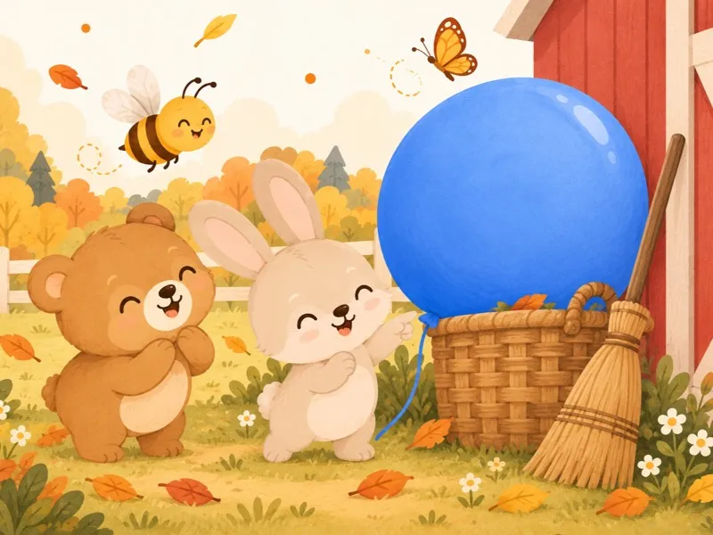 Benny spots his blue balloon behind a basket, beside a broom and beneath a butterfly.