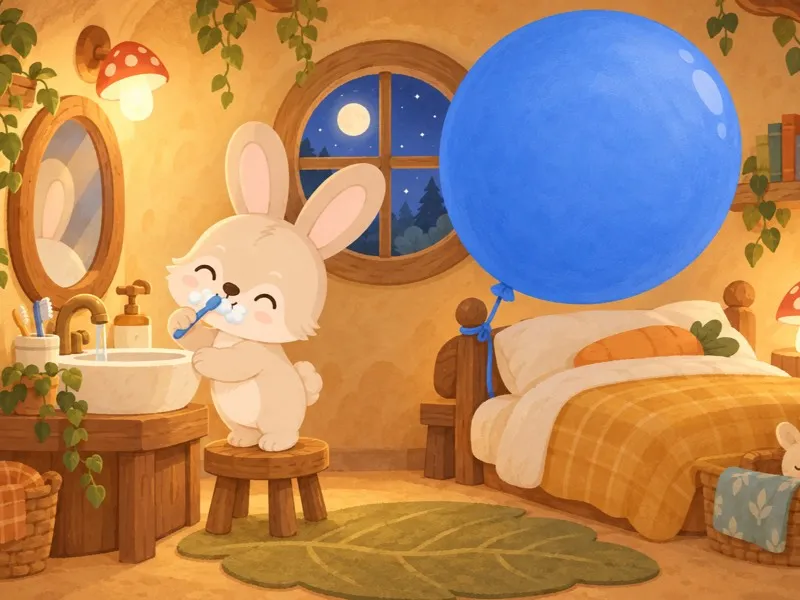 Benny brushes his little bunny teeth inside his cosy burrow while the blue balloon waits by the bed.
