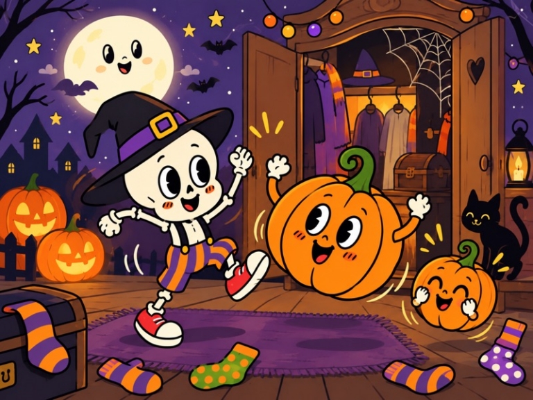 Bonesy, Bertha, and tiny Tinka happily dance in front of the old wardrobe on Halloween night