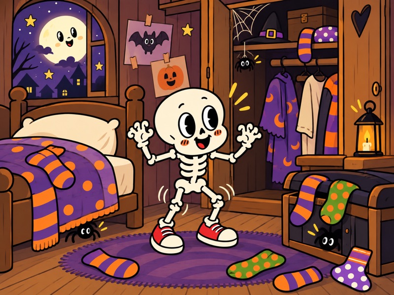 Little skeleton Bonesy tries to be scary in the old wardrobe but bursts into laughter