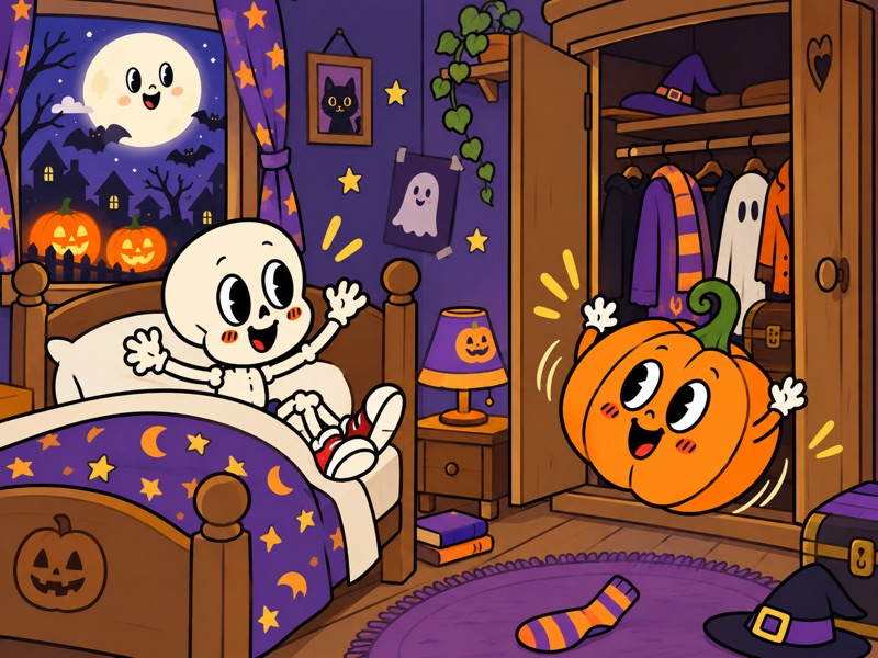 Plump pumpkin Bertha rolls up to Bonesy's wardrobe on Halloween night