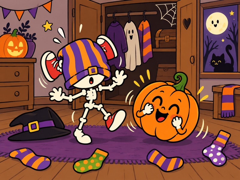 Bonesy wears striped trousers over his head and puts his shoes in the wrong place while Bertha laughs