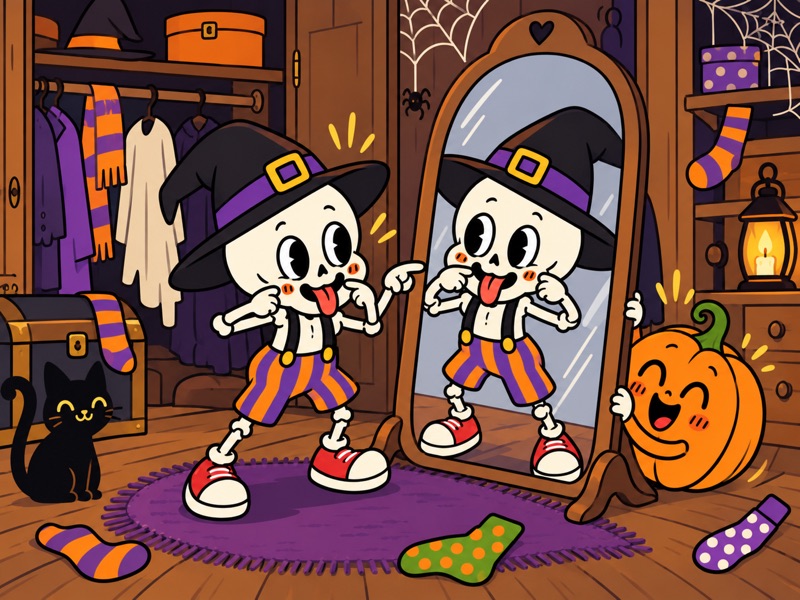 Dressed-up Bonesy makes a silly face at his reflection while Bertha laughs