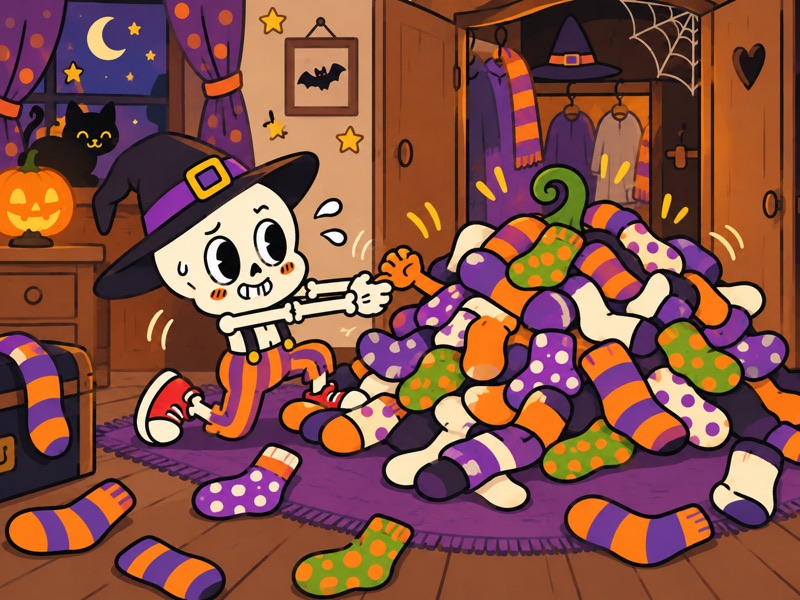 Bonesy searches for Bertha beneath a huge pile of colorful socks and pulls her free