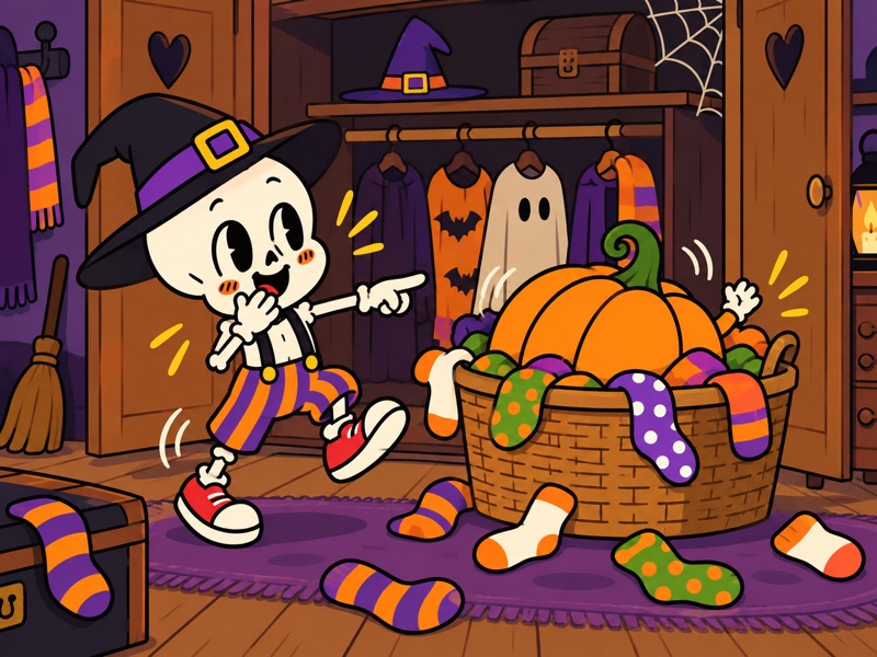 Bertha is stuck in a basket full of socks while Bonesy laughs at the sock pumpkin
