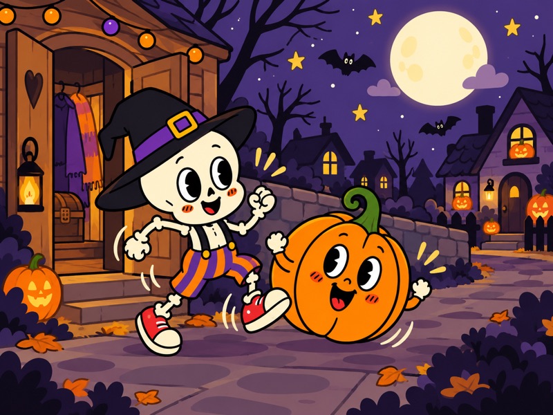 Bonesy walks and Bertha rolls along a quiet Halloween street beneath the moon
