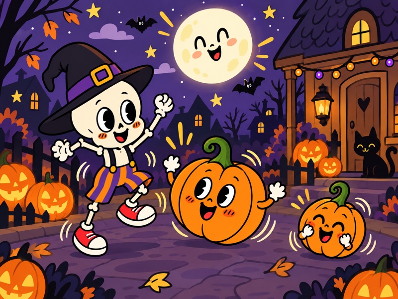 Bonesy, Bertha, and Tinka perform the Rattle-Rattle Dance beneath a smiling moon