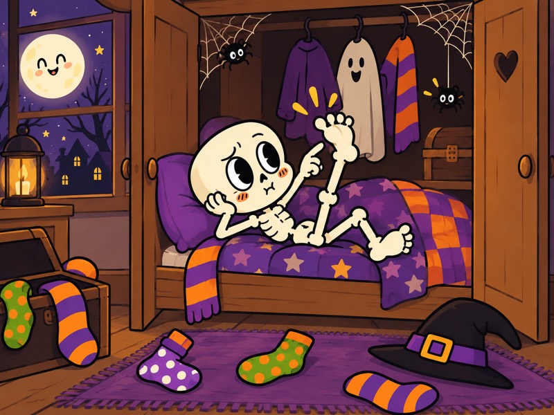 Bonesy counts his toes in bed because he cannot sleep on Halloween night