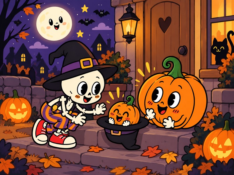 Bonesy and Bertha warmly meet tiny pumpkin Tinka on a Halloween doorstep