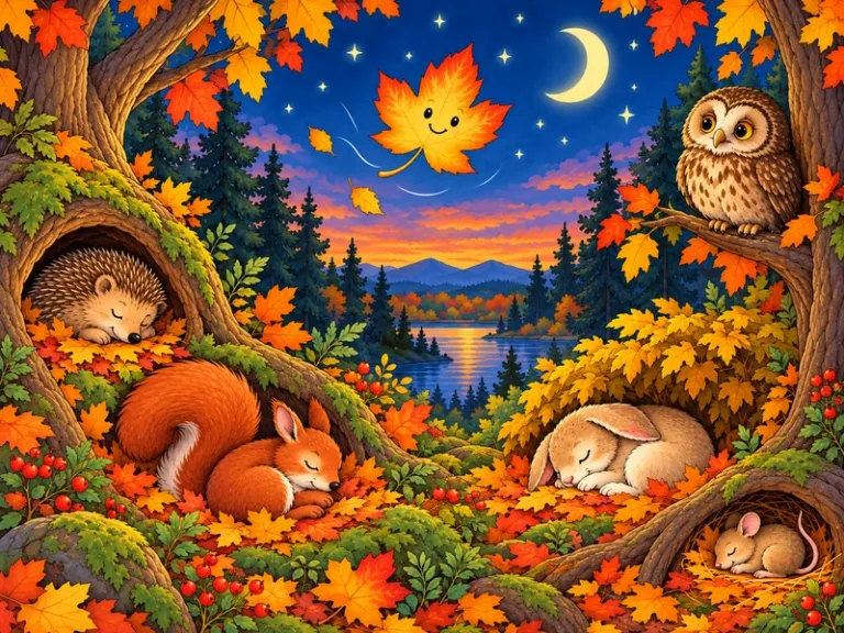 Hojita, la hoja sonriente, flota sobre un tranquilo bosque otoñal mientras Hugo, Rita, Benito y Mila duermen y Olivia la Lechuza vigila.