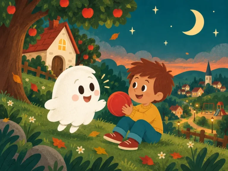 Boo and Oliver share a red ball on a green hill above a warmly lit village at twilight