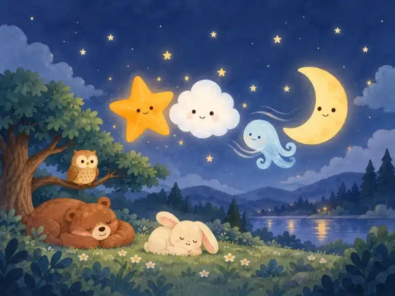 Twinkle and Puff float above a quiet nighttime forest while the Moon watches over a sleeping bear, bunny, and owl.