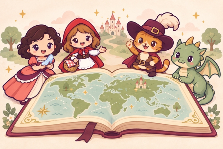 Cinderella, Little Red Riding Hood, Puss in Boots and a friendly dragon around an open storybook showing a world map.