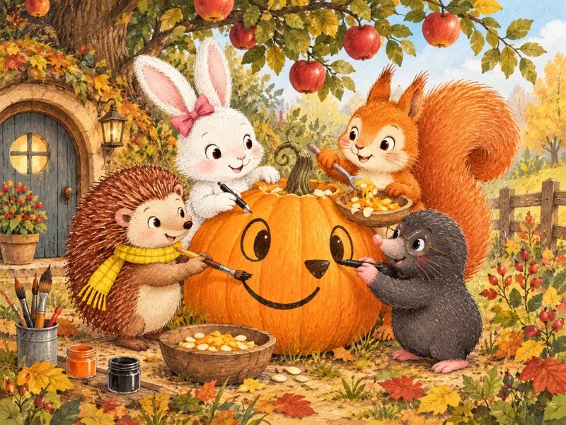 Sally scoops seeds while Rosie, Milo, and Harry decorate the pumpkin outside Harry’s home.