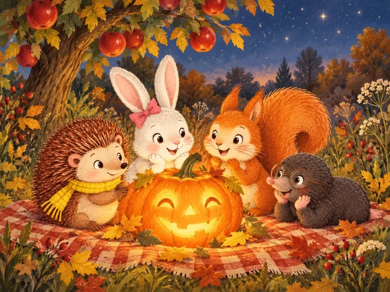 Harry and his friends sit together on a checked blanket in the warm glow of the pumpkin lantern.