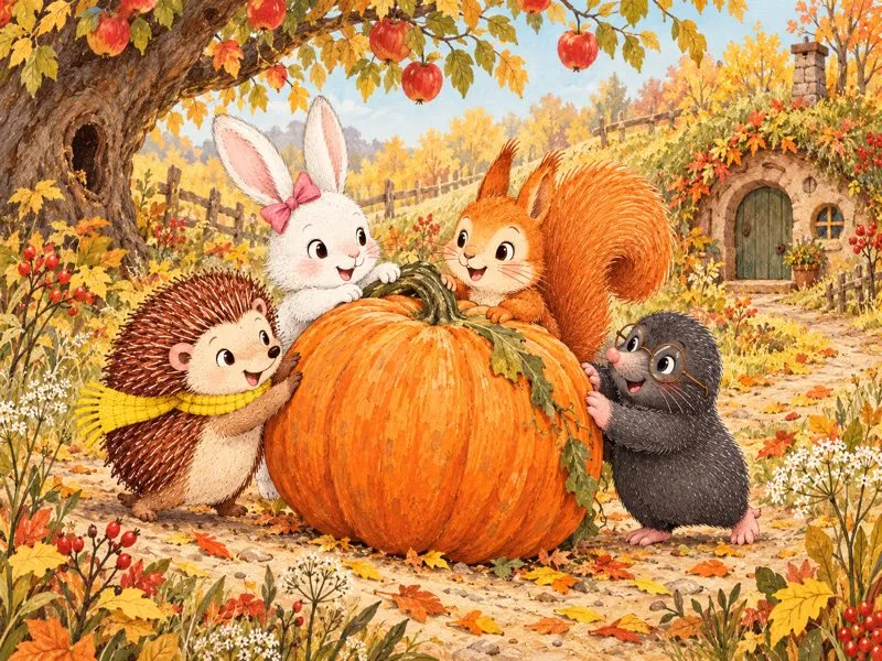 Harry, Rosie, Sally, and Milo work together to roll the giant pumpkin along the autumn path.