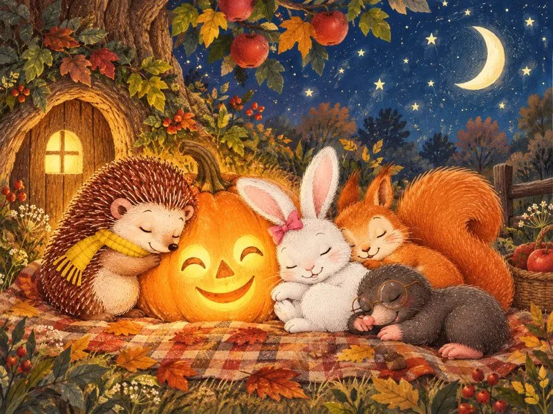 Harry, Rosie, Sally, and Milo sleep peacefully on the blanket beside the softly glowing pumpkin.