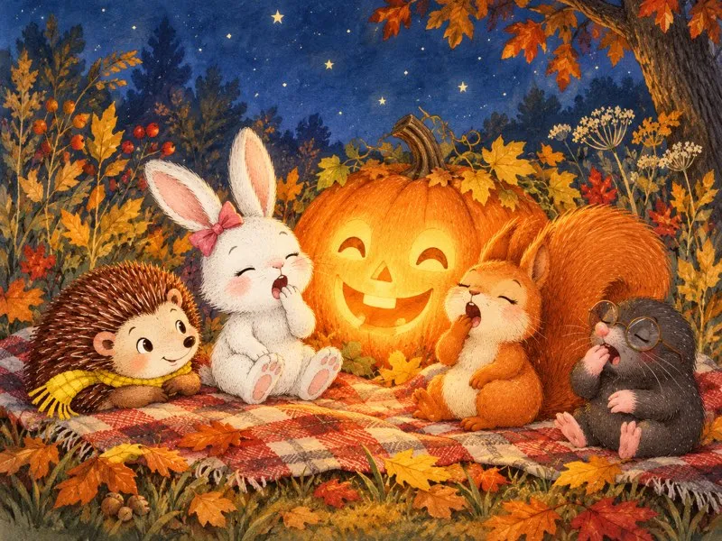 Beneath the first stars, Rosie, Sally, Milo, and Harry yawn beside the glowing pumpkin.