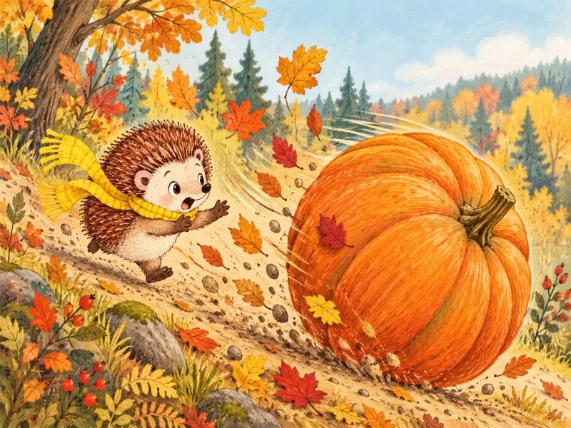 Harry runs down the autumn hill after the runaway pumpkin with his yellow scarf streaming behind him.