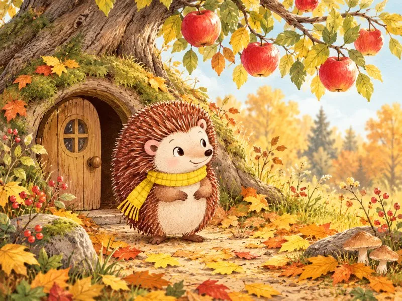 Harry the hedgehog smiles outside his cosy home beneath an apple tree in autumn.