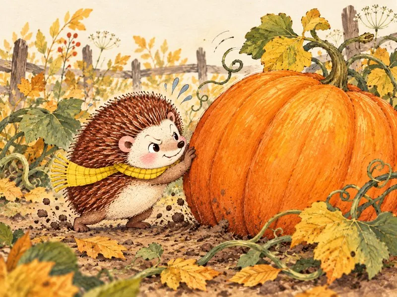 Harry braces his little paws against the giant pumpkin and pushes with all his strength.