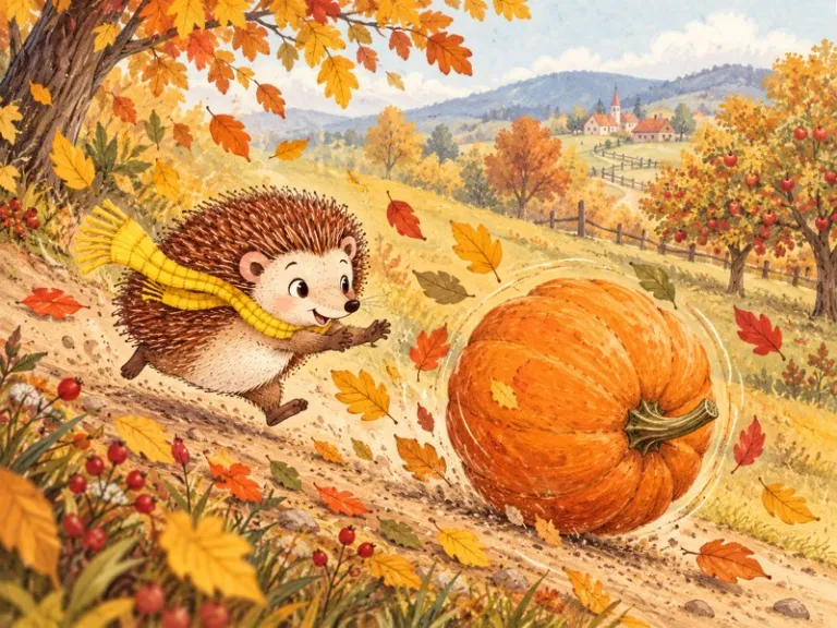 Harry the little hedgehog runs after a giant orange pumpkin rolling down an autumn hill.