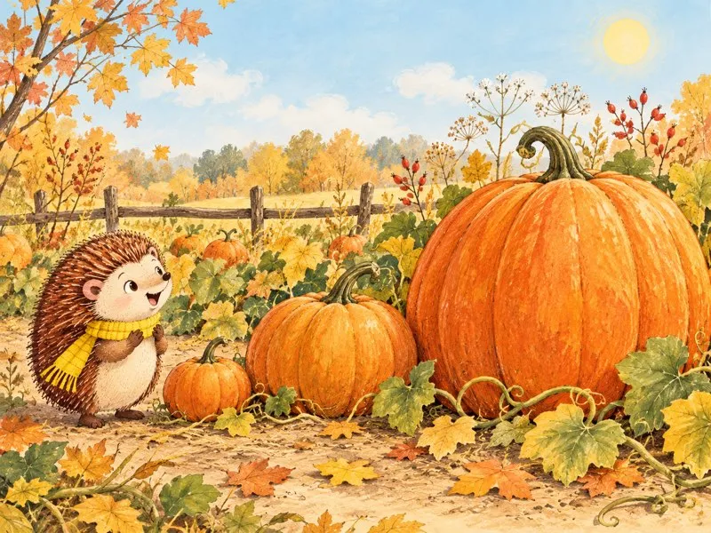 Harry looks in amazement at a small, medium, and enormous pumpkin in the field.