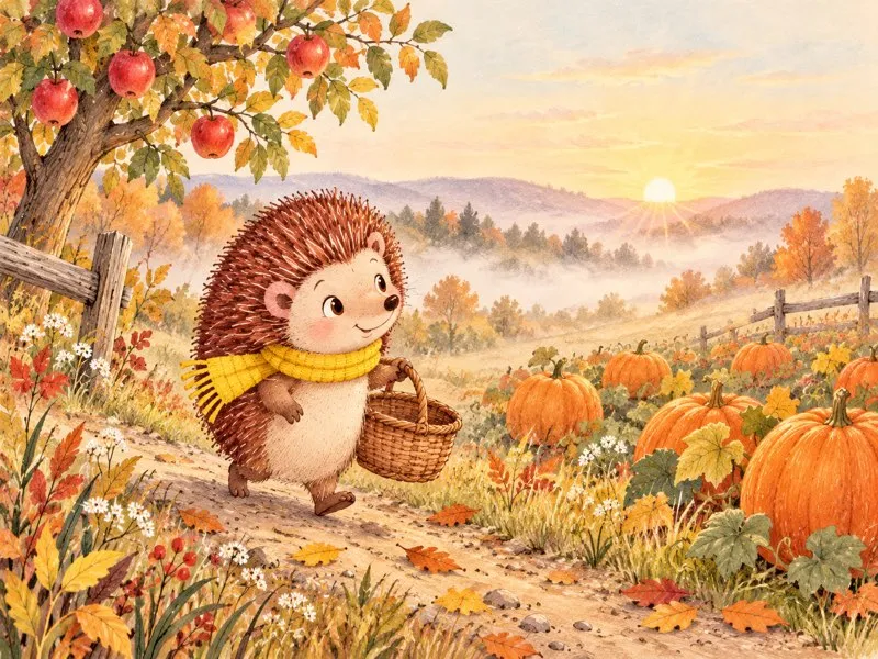 Harry walks along an autumn path toward a field filled with orange pumpkins.