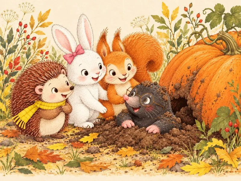 Milo the mole climbs out beside the pumpkin, dusty but laughing with his round glasses askew.