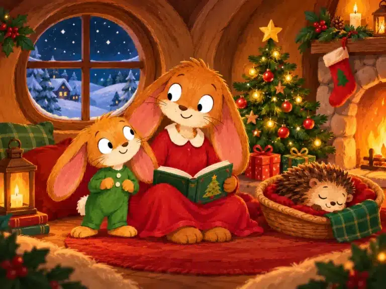 Little Tuck stands beside Mama Bunny in their cozy Christmas burrow while Hedgehog sleeps near the fireplace.
