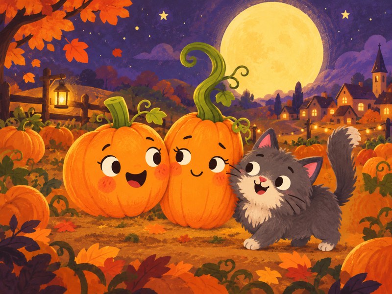 Orangeade and Twisty beneath a glowing Halloween moon