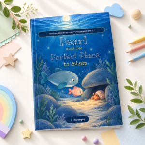 Pearl y el lugar perfecto para dormir: un cuento ilustrado para dormir en PDF mostrado como una maqueta del libro de Naratopia