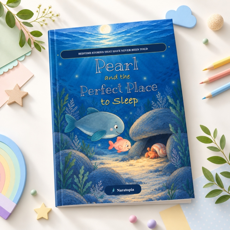 Pearl y el lugar perfecto para dormir: un cuento ilustrado para dormir en PDF mostrado como una maqueta del libro de Naratopia