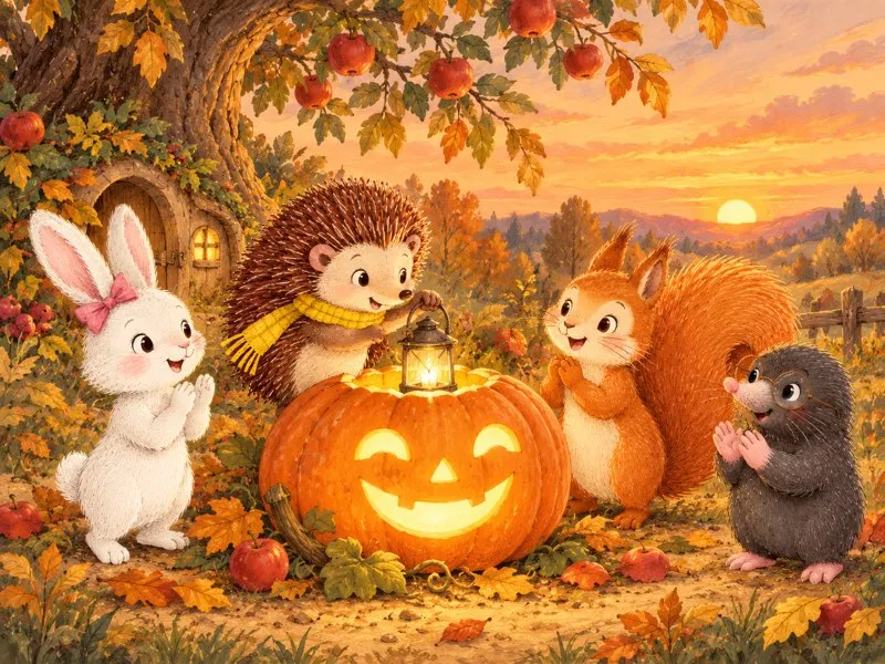 At sunset, Harry lights the smiling pumpkin while Rosie, Sally, and Milo clap happily.