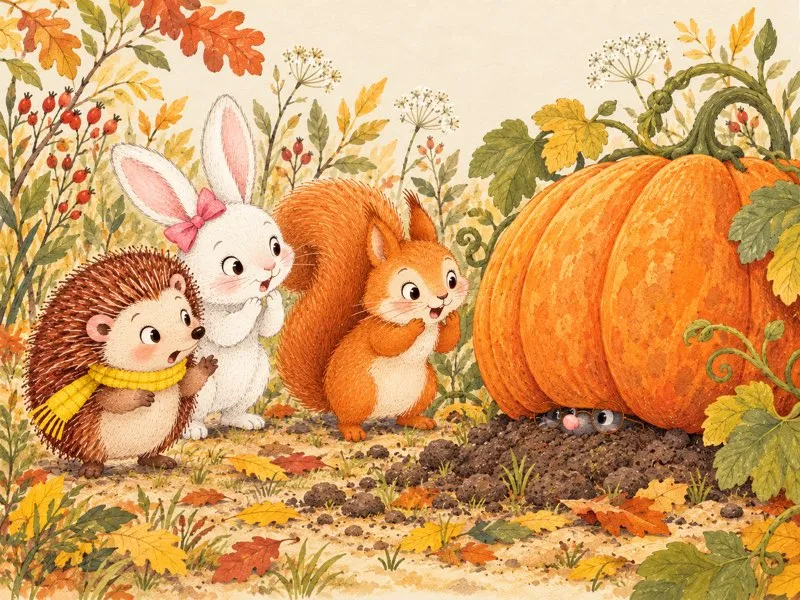 The giant pumpkin rests on Milo’s molehill with only his little pink nose peeking out.